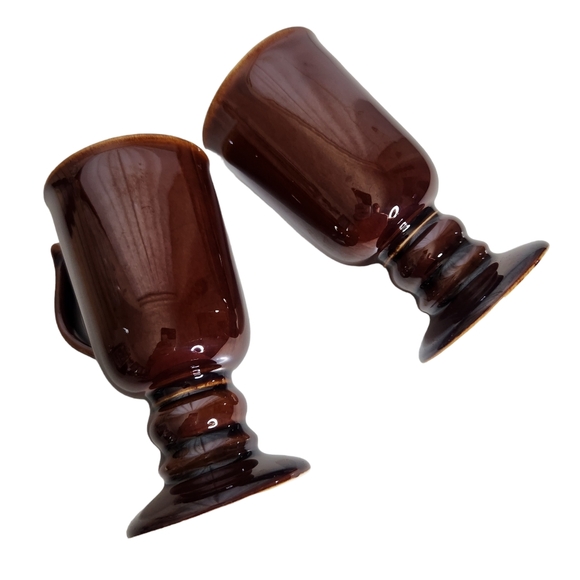Two Irish Coffee Mugs Footed Pedestal Base Hall Mugs Ceramic USA Brown - Picture 4 of 7